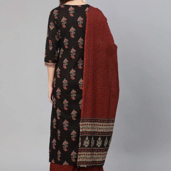 Women Black Ethnic Motifs Printed Pure Cotton Kurta with Palazzos & With Dupatta - Picture 2 of 6